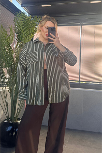 MİR STORE Haki Tek Cepli Çizgili Oversize Modal Gömlek