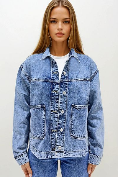VAGGON Women's Blue Double Pocket Oversize Jean Jacket Vs00145