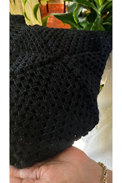 pulur.co Siyah Simli Tığ İşi El Yapımı Boncuk Detaylı Astarlı Kroşe Tote Çanta Omuz Çantası Plaj Çantası