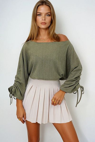VAGGON Boat Neck Knitted Crepe Blouse with Shirring and Tie Detail