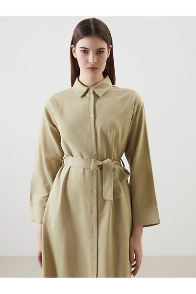 LC Waikiki Γυναικείο φόρεμα πουκάμισο LCW Modest Green Linen Blend