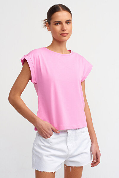 Dilvin 3504 Βαμβακερό μπλουζάκι με λαιμόκοψη-ροζ