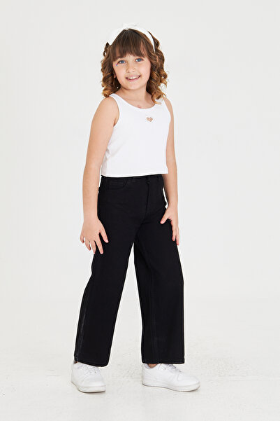 Lexsina Kız Çocuk Wideleg Siyah Jean Rahat Kesim Pantolon Beli Ayarlanabilir Lastikli Düğmeli Lx306