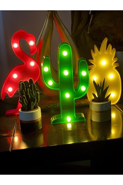gifttime 3'lü Led Işıklı Dekoratif Flamingo Kaktüs Ananas Masa Duvar Gece Lambası Bebek Oda Lambası