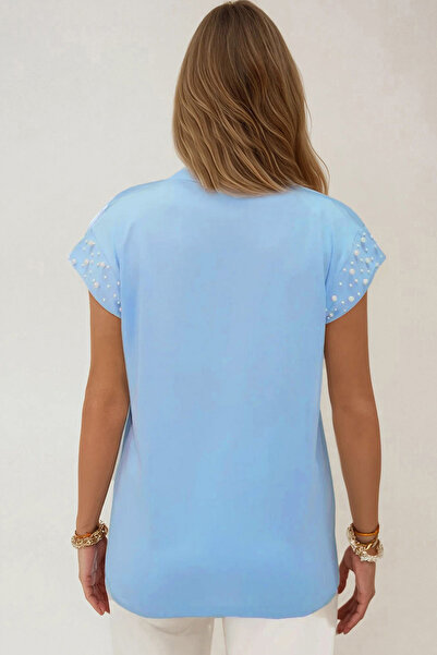 VAGGON Women's Blue Crew Neck Pearl Embellished Sleeveless Blouse Prmx13522
