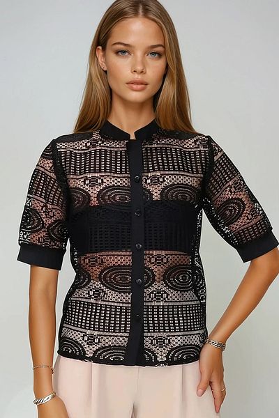 VAGGON Women's Dark Black Judge Collar Woven Cuffed Openwork Short Sleeve Guipure Shirt Prmx13550