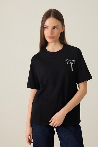 Setre Black 100% Cotton Crew Neck Print Detailed Short Sleeve T-Shirt