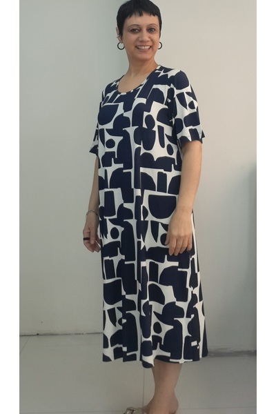 Mertcan Butik Κοντομάνικο φόρεμα βισκόζης με μπλε μοτίβο