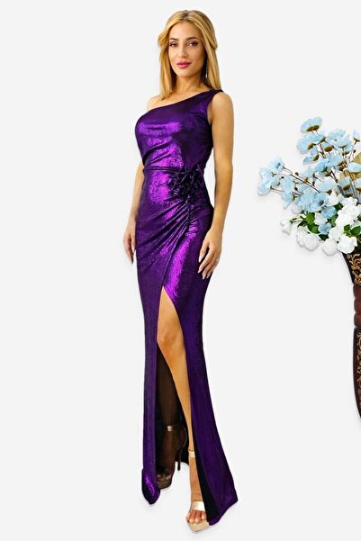 FashionForYou Rochie de seara, JoeLLe, cu detaliu floral si umarul gol, Mov M...