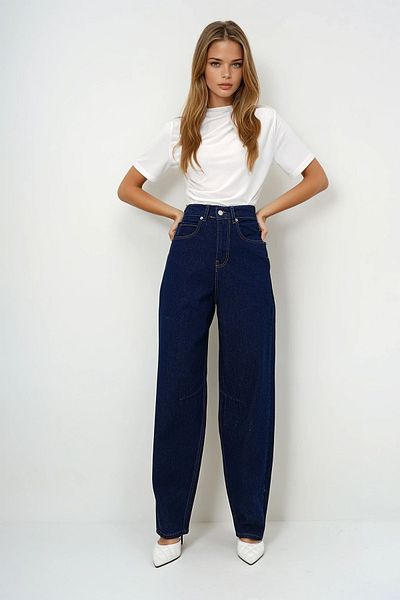 VAGGON Women's Dark Navy Blue High Waist Baggy Balloon Jean Prm0721