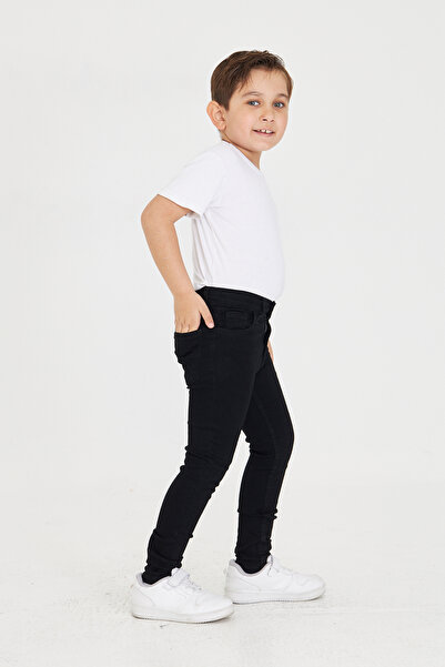 Lexsina Erkek Çocuk Siyah Dar Paça Jean Pantolon Beli Ayarlanabilir Lastikli Düğmeli Lx322