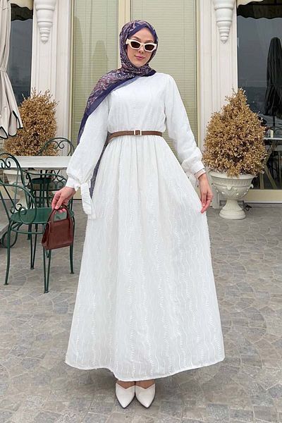 benguen Λεπτομερές Φόρεμα Hijab Guipure Λευκό 1008-1