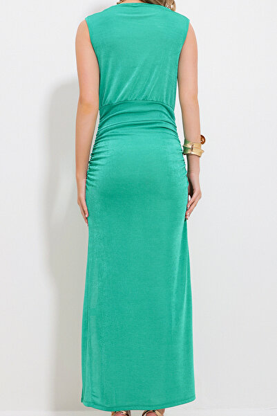 VAGGON Women's Green Degaje Collar Draped Slit Buzzy Evening Dress Prmx11850