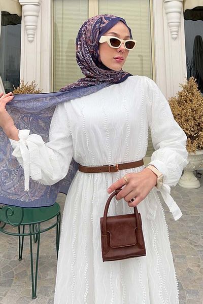 benguen Λεπτομερές Φόρεμα Hijab Guipure Λευκό 1008-1
