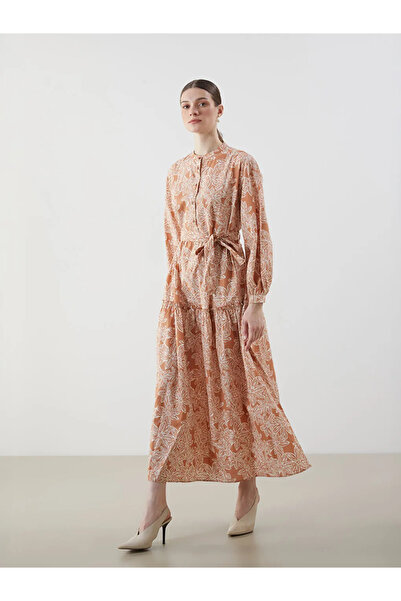 LC Waikiki LCW Modest Kahverengi Hakim Yaka Desenli Kadın Elbise