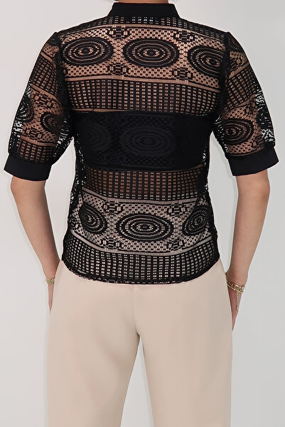 VAGGON Women's Dark Black Judge Collar Woven Cuffed Openwork Short Sleeve Guipure Shirt Prmx13550