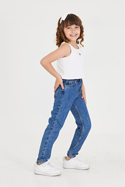 Lexsina Kız Çocuk Boyfriend Jean Rahat Kesim Pantolon Beli Ayarlanabilir Lastikli Düğmeli Lx307