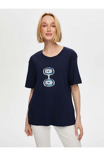 Faik Sönmez Tricou de damă din bumbac cu gât rotund imprimat cu mărgele Evil Eye