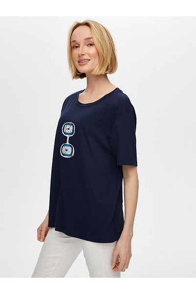 Faik Sönmez Tricou de damă din bumbac cu gât rotund imprimat cu mărgele Evil Eye