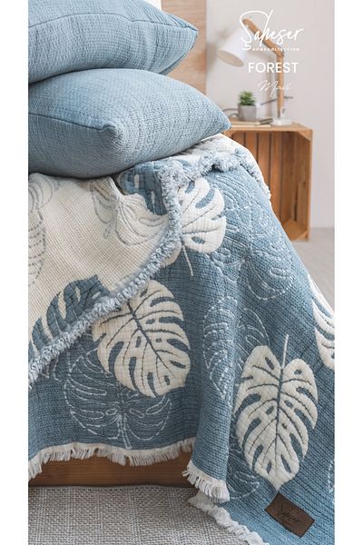 KÜBRAHOME'S Masterpiece Forest Bedspread Set 100% Cotton Blue