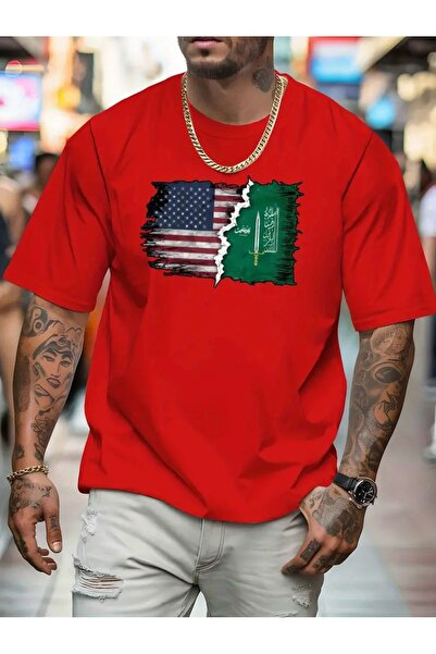 LAND MODA Ανδρικό μπλουζάκι Casual Summer Flag Print - Κοντό μανίκι, στρογγυλ...