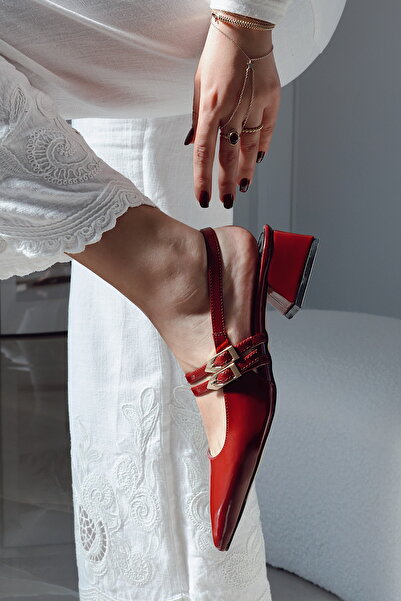 POLKA STORE Viva Double Banded Gold Metal Big Buckle Detailed Open Back Pointed Toe Short Heeled Shoes