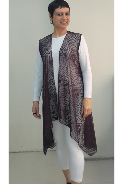 Mertcan Butik Plum Asymmetrical Cut Print Loose Lace Vest