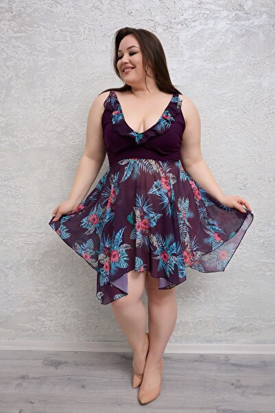 PİNKNİGHT Mor Baskılı Şifon Astarlı  Büyük Beden Gecelik