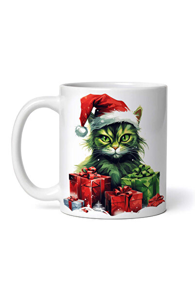 OEM Εξατομικευμένη λευκή κούπα, Πράσινη γάτα με βαθύ βλέμμα, INOVATIX®. 330ml