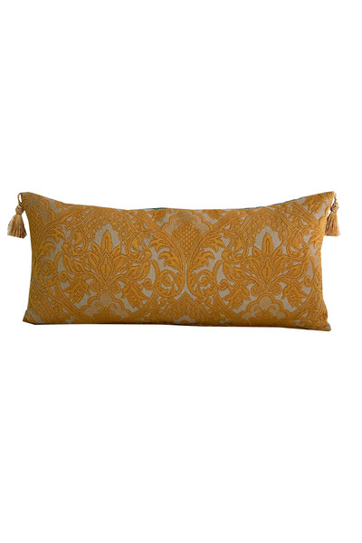 YASTIKMİNDER GOBLEN DOKUMA KOTON TAFTA KARAMEL RENK MAVİ FLOŞ PÜSKÜL 62X30 cm...