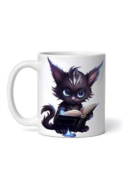 OEM Εξατομικευμένη λευκή κούπα, Μαύρη γάτα που διαβάζει ένα βιβλίο, INOVATIX®...