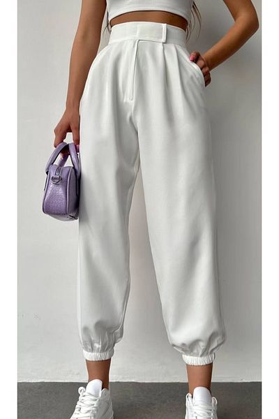 LEYLA SAĞLAM Women's Velvet Belt Elastic Leg Zippered Double Pleated Side Pocket Balloon Pants