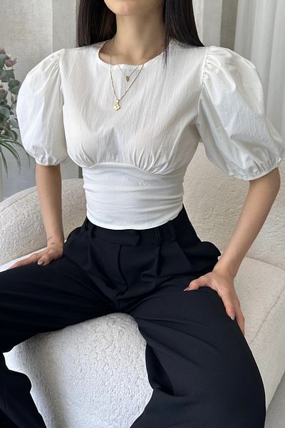 Fav Style Women's Crew Neck Short Sleeve Back Low Cut Crop Poplin Blouse White