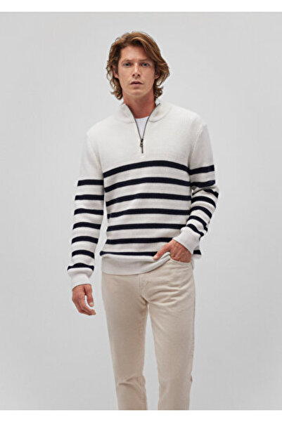 Mavi Çizgili Fermuarlı Kırık Beyaz Erkek Kazak M0710131-70057