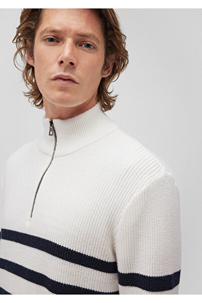 Mavi Çizgili Fermuarlı Kırık Beyaz Erkek Kazak M0710131-70057