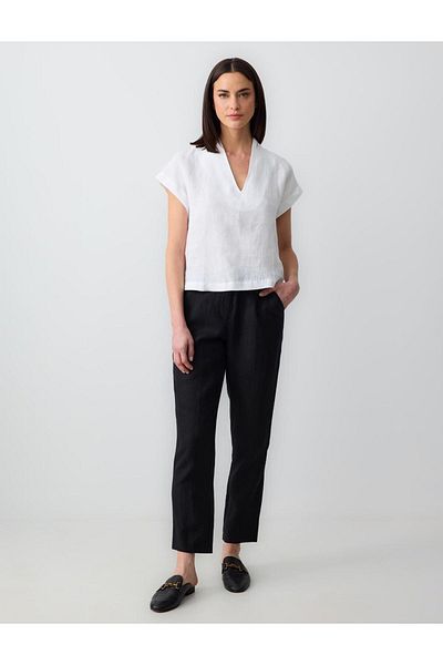 Jimmy Key Black 100% Linen Straight Cut High Waist Trousers