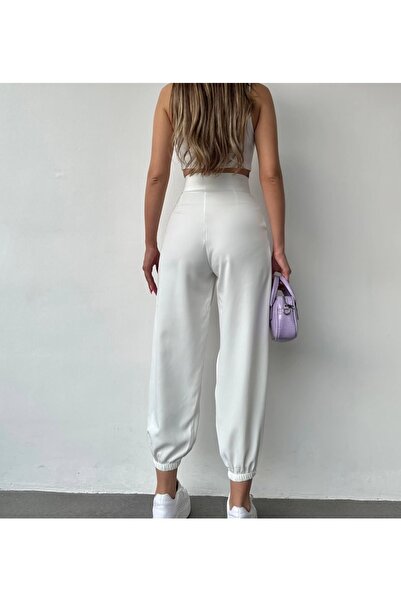 LEYLA SAĞLAM Women's Velvet Belt Elastic Leg Zippered Double Pleated Side Pocket Balloon Pants