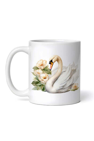 OEM Cană albă personalizată, Lebădă albă cu flori aurii, INOVATIX®. 330ml