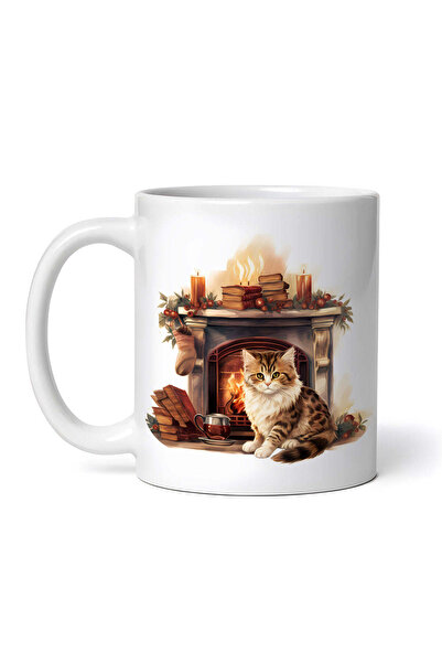 OEM Εξατομικευμένη λευκή κούπα, Γάτα Τάμπι πίνει καφέ μπροστά στο τζάκι, INOV...