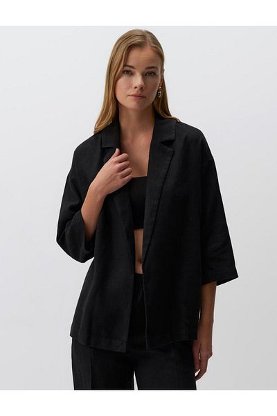 Jimmy Key Black 100% Linen Straight Cut Long Sleeve Jacket