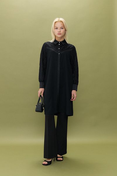Nihan Large Size Satin Garnished Button Detailed Tunic Black