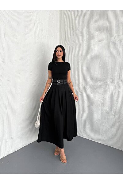 By Kuzey Aras DÁMSKÁ TRENDOVÁ MAXI SUKNA S VYSOKÝM PASEM A DVOJITÝM PÁSKEM A PLISOVANÝM ROZŘÍZENÍM