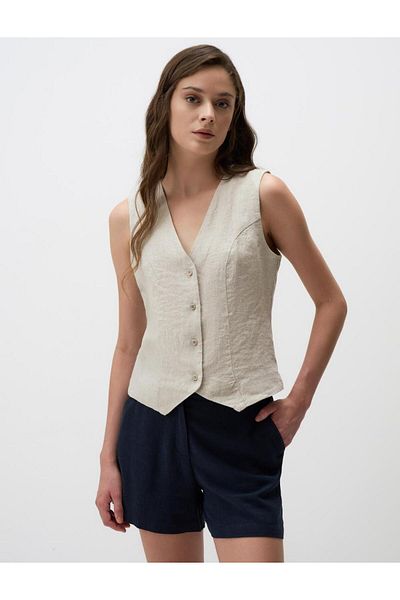Jimmy Key Beige Melange 100% Linen V-Neck Sleeveless Plain Vest