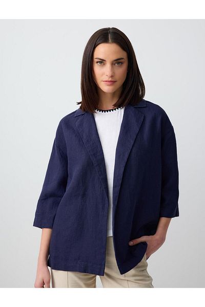 Jimmy Key Navy Blue 100% Linen Straight Cut Long Sleeve Jacket