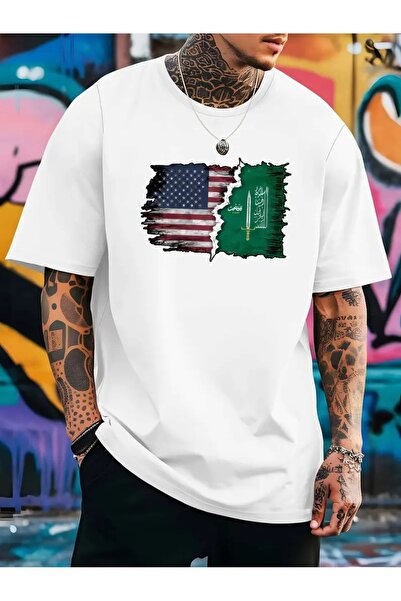 LOTS MODA Ανδρικό μπλουζάκι Casual Summer Flag Print - Κοντό μανίκι, στρογγυλ...