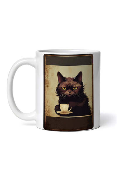 OEM Εξατομικευμένη λευκή κούπα, Νευρική γάτα πίνει καφέ, INOVATIX®. 330ml