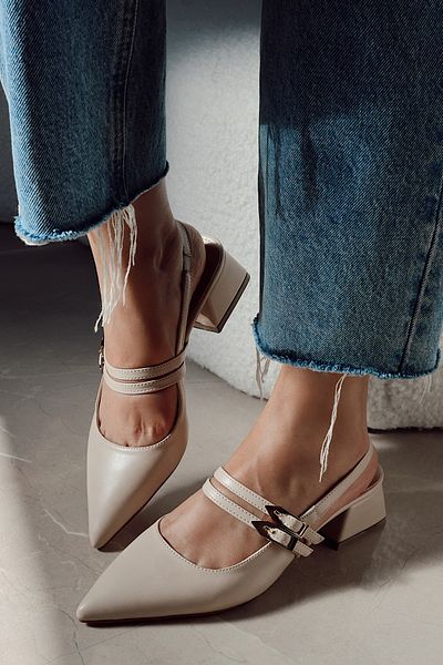 POLKA STORE Viva Double Banded Gold Metal Big Buckle Detailed Open Back Pointed Toe Short Heeled Shoes