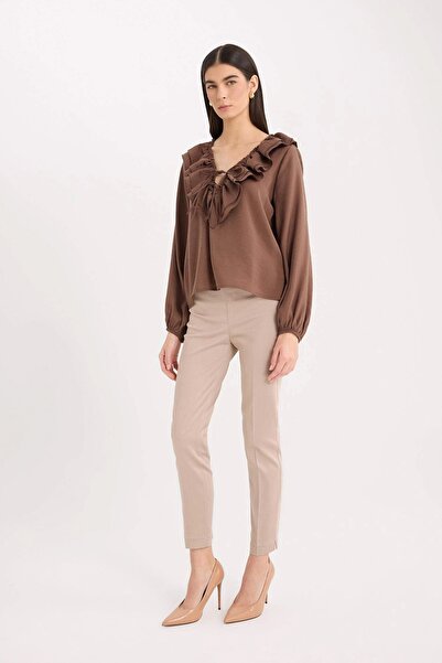 DeFacto J8743 Brown Cigarette Regular Waist Straight Leg Satin Trousers