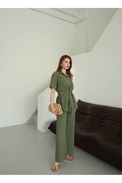 Miss Beyoğlu Σετ από λινό ύφασμα με μακρύ πουκάμισο με κουμπιά και ζώνη και π...