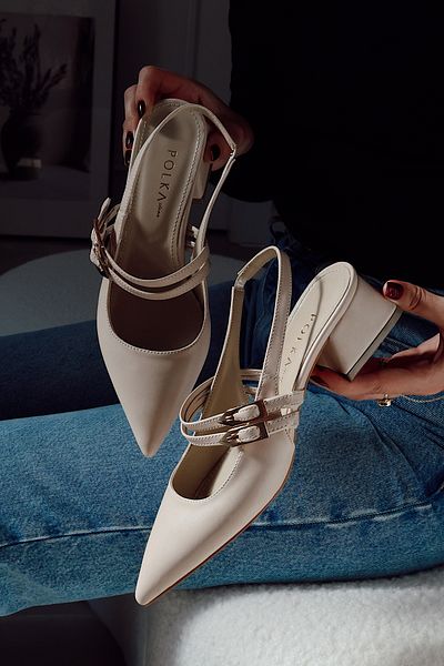 POLKA STORE Viva Double Banded Gold Metal Big Buckle Detailed Open Back Pointed Toe Short Heeled Shoes